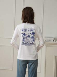 1pc Tween Girl Fun And Colorful Coconut Trees Print Crew Neck Long Sleeve T-Shirt, Casual Student Wear For Autumn/Winter 2024
