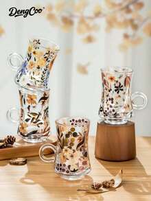 Dengcoo 3pcs Teacup And Saucer Set, Flower And Leaf Pattern Glass And Plate Set, Coffee Mug, Tea Cup, Water Cup, Milk Tea Cup, Cup With Handle, Gold Serving Tray, Snack Tray, Dessert Tray, For Home, Cafe, Saudi National Day - Cup - View 5