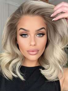 Omber Ash Blonde 14Inch Bob Body Wave Ombre Dark Roots Ash Blonde Lace Front Wigs Human Hair Wig For Women 13x4 HD Water Wave Lace Frontal Glueless Wigs Human Hair Pre Plucked With Baby Hair Colored Bob Wigs For Girls - 根染&漸變色 - 查看 4