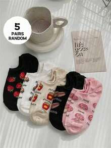 1双/5双装 汉堡、薯条、草莓图案可爱甜美浅口袜 女款，防滑、吸湿、透气 - 彩色 - 查看 8