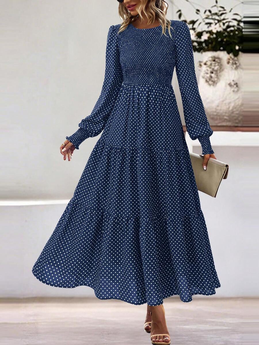 Women Floral Long Sleeve High Waist Polka Dot Smocked A-Line Flowy Boho Maxi Dresses Spring Fall Autumn Holiday Vacation Valentine Dress Outfits - 藍色波點 - 查看 1
