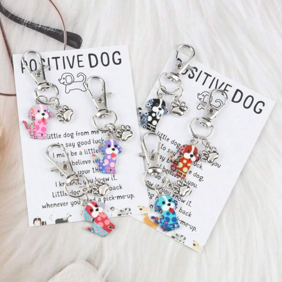 6pcs Unique Creative Cute Puppy Design Keychain Set With Positive Energy Dog Cards, Ideal For Birthday, Wedding, Christmas Party, Home And Kitchen Party Small Gifts - Multicolor - View 1
