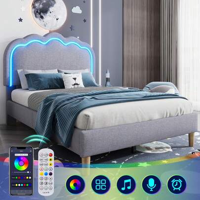  Flieks Upholstered Bed, 3ft 90x190cm Single Bed With LED, Bed Frame With Wooden Slats And Adjustable Height Headboard, Teen Bed For Bedroom And Guest Room, Velvet Material, Without Mattress.