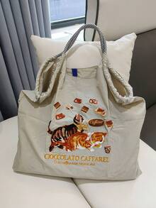 1pc New Fashion Embroidered Cute Cat Pattern Lightweight Nylon Large Capacity Tote Bag, Suitable For Party, Travel, Shopping And Beach, Shoulder & Crossbody