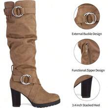 Women's Knee High Boots – Chunky Block Heel, Side Zipper, Warm Winter Boots For Casual, Office & Party Wear - 灰褐色絨面革 - 查看 4