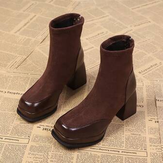 秋冬复古拼接女士踝靴，粗跟厚底后拉链时尚靴，麂皮拼接时尚女靴