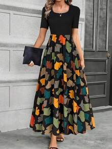 Keke Bloomly Autumn/Winter New Asymmetrical Printed Short Sleeve Dress, Fashionable And Versatile - Black - View 1