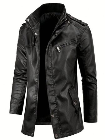 Chaqueta de cuero casual de cuello alto y media longitud para hombre, cortavientos