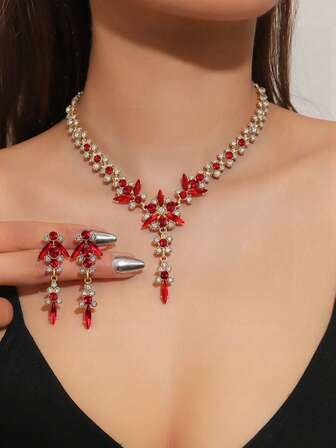 优雅奢华的女士全镶钻镀金项链及长耳环套装，中东婚礼首饰，适合宴会、派对、约会、情人节礼物