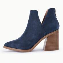 Womens Pointed Toe Stacked Mid Heel Ankle Boots V Cut Back Zipper Faux Leather Booties - 深藍色 - 查看 3