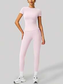 两件套女士柔软吸湿排汗圆领短袖上衣和弹力瑜伽裤 - 淺粉色 - 查看 2
