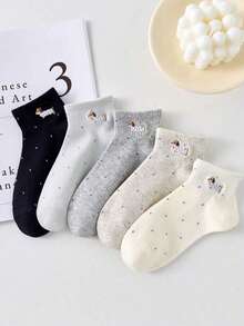 5pairs Women Polka Dot Sausage Dog Pattern Casual Ankle Socks Short Socks For Daily Decoration, Suitable For All Seasons, Shipped Randomly