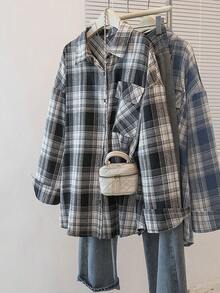 一件格子梭织面料前扣口袋长袖翻领衬衫，优雅休闲百搭，适合日常、上学、四季穿着，黑色春季款 - 黑色 - 查看 2