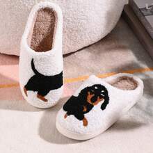 1 Pair Couple's Cute Cartoon Animal (Cat & Dachshund Dog) Decor Fleece-Lined Warm Quiet Non-Slip Couple Home Slippers, Korean Style New Style For Indoor Winter,House Slippers & Couple Slippers,Men' Slippers & Women's Slippers,Cat Slippers & Dog Slippers - 白鞋臘腸狗 - 查看 4