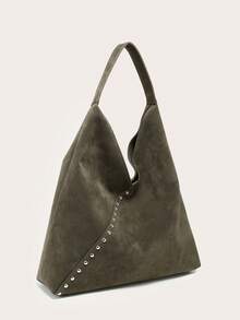 Women's Shoulder Bag/Handbag, Brown Suede, Large Capacity, Decorated With Rivets, Vintage Versatile Commuter Style, Suitable For Autumn/Winter Outings. - Army Green - View 2