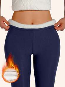 1pc Sport Solid Sherpa Plush Lining Leggings, Casual Stretchy Long Length High Waist Leggings, Women's Clothing - Màu xanh hải quân - Xem 7