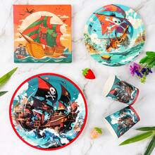 8-Guest Pirate Ship Disposable Tableware Set, Including Plates, Napkins And Cups, Suitable For Birthday, Wedding, Theme Party, Family Picnic - Multicolor - View 4
