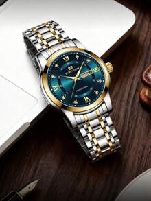 VA VA VOOM 1 件男士石英表 41 毫米经典奢华钻石日历时钟，绿色、蓝色、金色、银色、黑色不锈钢表盘，原装星期石英机芯，3 巴防水，商务风格，精美情侣表 - 藍色 - 查看 7