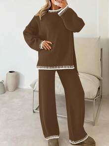 مجموعة كنزة صوفية محبوكة ذات لونين متباينين للنساء، كنزة صوفية بياقة طاقم وأكمام طويلة مقترنة مع بنطلون، طقم ملابس كاجوال مكون من قطعتين للنساء للخريف/الشتاء، ملابس منزلية - بني - مشاهدة 3