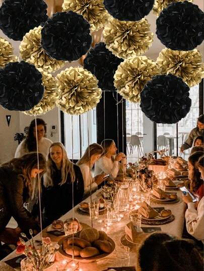 12pcs Red, Black And Gold Paper Flower Ball Set, New Year Background Decor Paper Flower Ball Set, DIY Paper Flower Ball Home Decor, DIY Ceiling And Wall Decor, Scene Props, Atmosphere Creation Items, Party Background, Suitable For New Year, Valentine's Day, Mother's Day, Wedding, Birthday, Engagement Party And Home Decor/Hanging Decor.