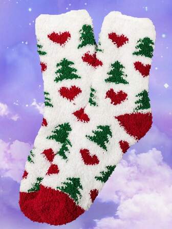 1 Pair Women/Couples Coral Fleece Mid-Calf Socks, Casual Versatile Cute Socks Suitable For Christmas Outfits, Christmas Parties, Gifts, And Home Wear