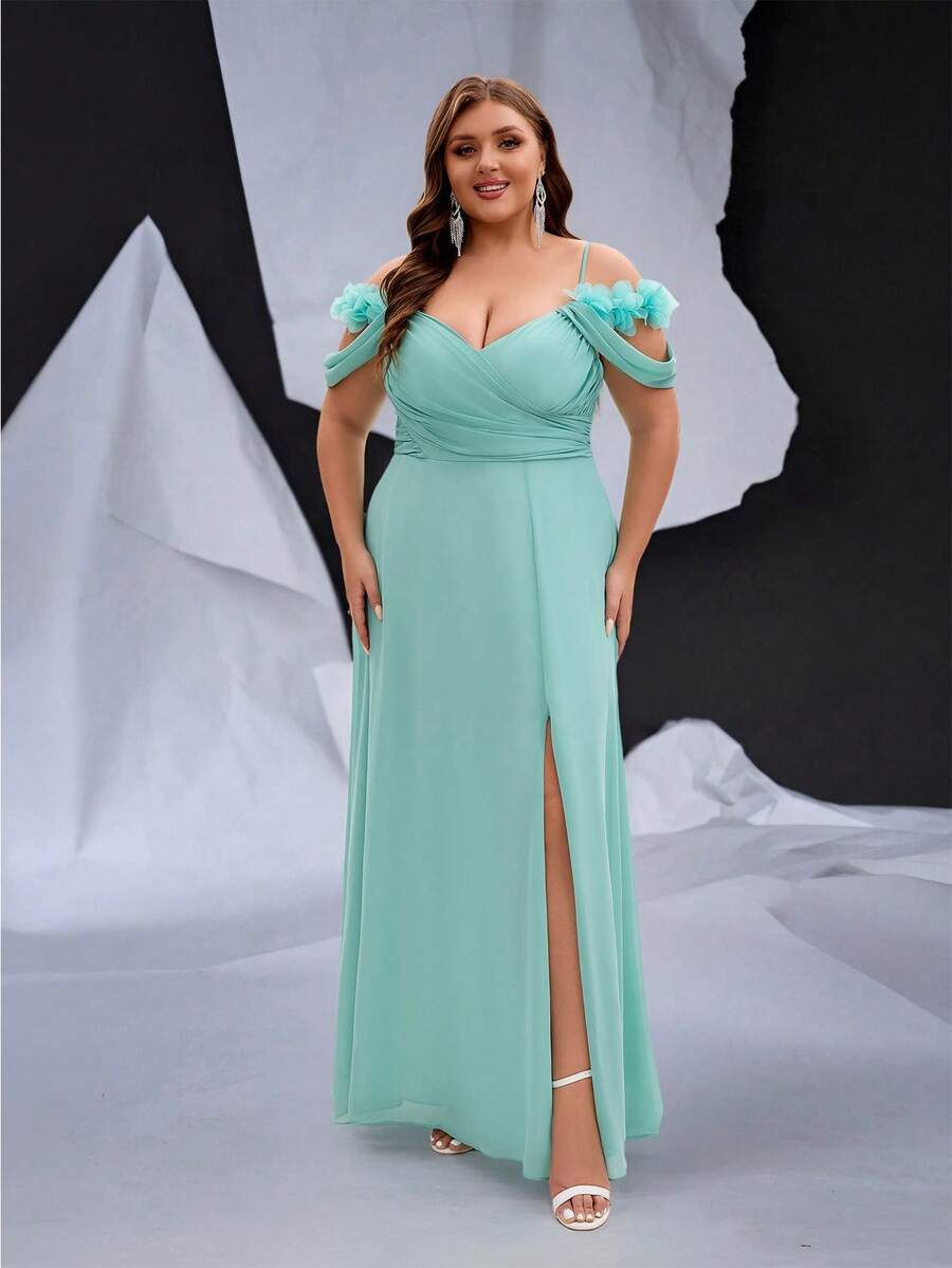 NIKBK Plus Size Elegant Party Floral Decor Off-Shoulder Spaghetti Strap High Slit Maxi Dress - Green - View 1