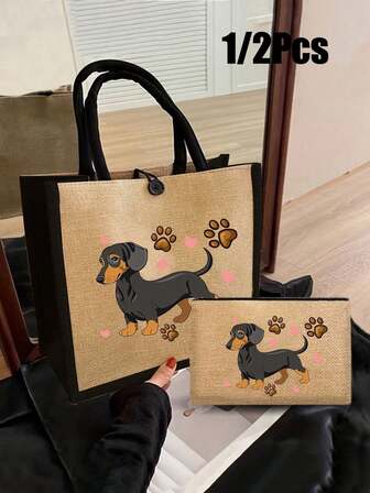 1-2 pezzi Borsa a tracolla in lino con fibbia e borsa per il trucco, motivo carino a dalmata, motivo a forma di cane, borsa portatile per il tempo libero, grande capacità, inclusi portafogli grandi e piccoli, borse, portamonete, borse e portafogli, porta carte di credito, borsa portatile multifunzione per insegnanti