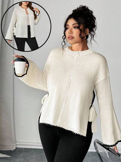 Plus Size Elegant Color Block Flare Sleeve Cardigan, Autumn/Winter