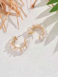 2pcs Bohemian Handmade Woven Baroque Pearl Embellishment C-Shape Stud Earrings For Women, Suitable For Dresses, Camisoles, Beach, Party, Formal Occasions - 銀色 - 查看 6