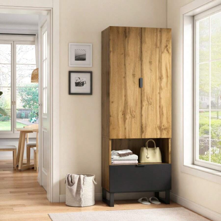 Armario - 1 pieza, 1 cajón, 1 compartimento con estantes ajustables, con barra para colgar ropa - Maple - Ver 1