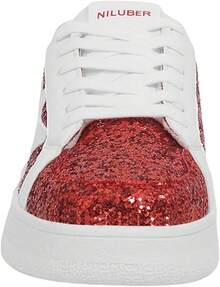 Niluber Star Sneakers For Women Low Top Cushioned White Gold Sliver Leopard Platform Sneakers Lace Up Red Glitter Platform Party ShoesChristmas - 紅色閃光 - 查看 3