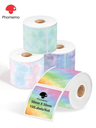 Phomemo Phomemo 4 Stücke Thermoetikettenrollen, 50mmX50mm, 1,96 Zoll X 1,96 Zoll, 150 Etiketten pro Rolle, bunte quadratische Etiketten, 4 Rollen in verschiedenen Farben, Mehrzweck-Etiketten für Phomemo M100/M102/M108/M120/M110/M160/M220/M200/M221/M150/M250/M260/M421 Etikettendrucker, selbstklebende Thermopapier-Etiketten perfekt für Kleidungsetiketten, Preisschilder, Kategorieaufkleber, Verpackungsaufkleber, Versandetiketten, Produktetiketten