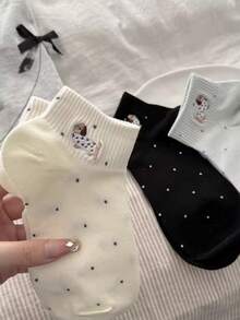 5pairs Women Polka Dot Sausage Dog Pattern Casual Ankle Socks Short Socks For Daily Decoration, Suitable For All Seasons, Shipped Randomly