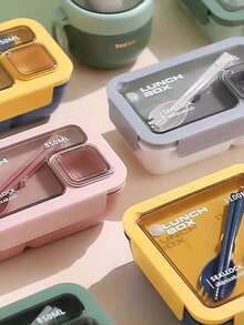 1pc Adult Size PP Plastic Square Lunch Box With Lid, Comes With Utensils And Dipping Sauce Dish, Multipurpose, Portable, Reusable, Lightweight. Optional Cup, Oatmeal Cup, Breakfast Cup And 1pc Portable Lunch Bag With Zipper And Built-In Aluminum Foil Insulation Layer, Suitable For Office Workers, Students, Outdoor Activities And Camping. - Multicolor - View 5