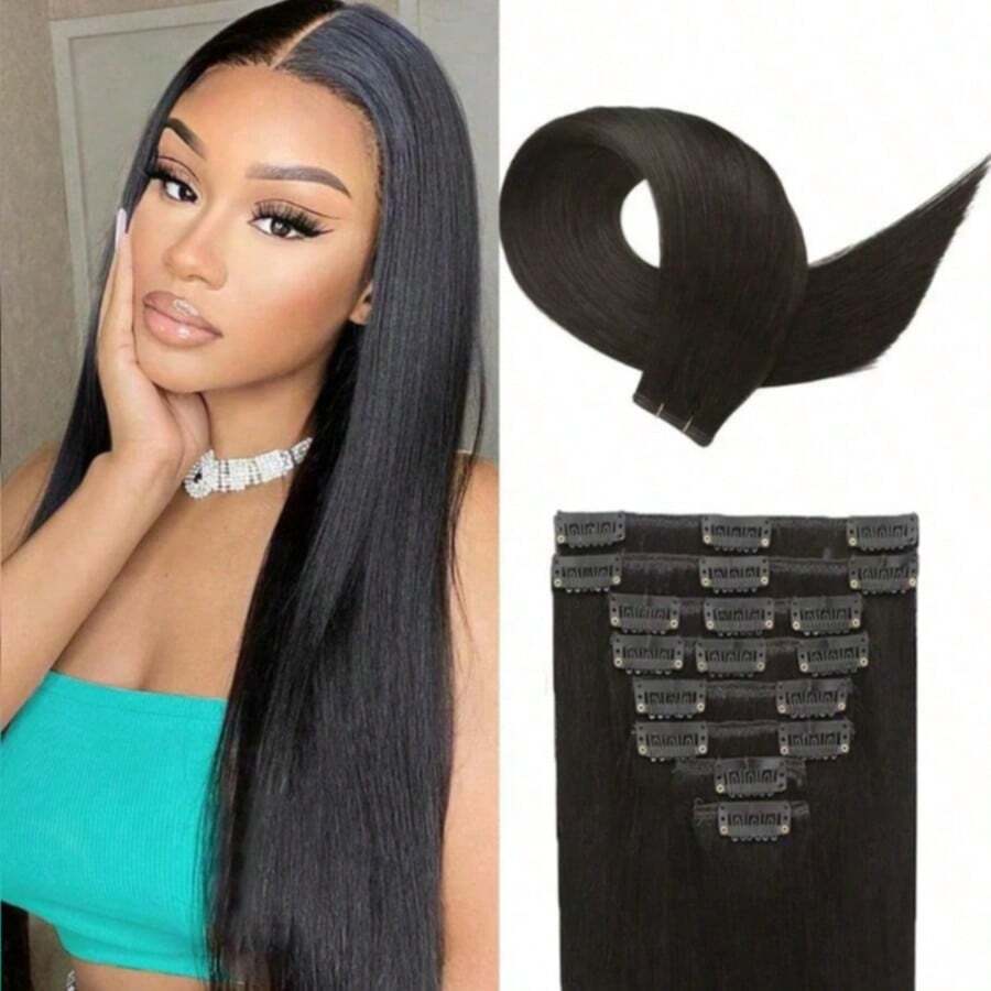 Clip In Hair Extensions Real Human Hair Clip Ins 8pcs Straight Human Hair Clip In Extensions Soft Silky Invisible Edge Brazilian Real Hair Extensions Clip In Human Hair For Full Head - Natural Black - View 1