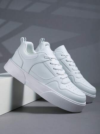 Men's Minimalist Casual Comfortable Sneakers, Fashion Pure White Patchwork Low-Top Flat Men's Shoes, Stylish Street Simple White Shoes