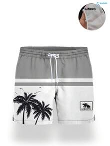 Quần short nam mùa hè in họa tiết, cạp chun, túi xéo, chất liệu Hawaii, nhanh khô, hai lớp lót lưới, họa tiết cây dừa 3D tương phản màu sắc nghệ thuật, quần bơi thời trang thường ngày đi biển. - Xám - Xem 3