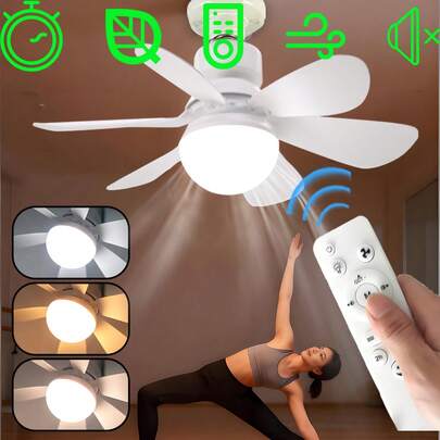 Quạt trần LED 30W có thể điều chỉnh độ sáng, sử dụng bóng đèn E27, kèm đèn và điều khiển từ xa, thích hợp cho phòng ngủ và phòng khách, 6 cánh quạt, 3 tốc độ gió, chức năng hẹn giờ.