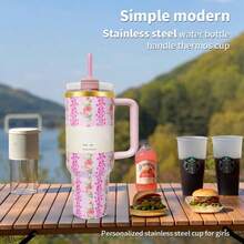 Compatible With Stanley 40 Oz H2.0 Tumbler With Handle, Double Walled Vacuum Insulated Stainless Steel Water Bottle Premium Summer Drink Ware Portable Handy Flask Travel Mug Iced Coffee Cup For Outdoor Camping, Hiking, Driving, Travel, Perfect Gift Idea - 粉紅色花 - 查看 2