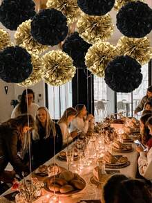 12pcs Red, Black And Gold Paper Flower Ball Set, New Year Background Decor Paper Flower Ball Set, DIY Paper Flower Ball Home Decor, DIY Ceiling And Wall Decor, Scene Props, Atmosphere Creation Items, Party Background, Suitable For New Year, Valentine's Day, Mother's Day, Wedding, Birthday, Engagement Party And Home Decor/Hanging Decor. - Multicolor - View 2