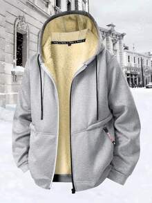 1pc Men's Hooded Sherpa Fleece Sweatshirt, Thick Warm Sweatshirt Jacket, Sports Casual Outdoor Wear, Christmas Gift For Men,Winter - Grey - View 1