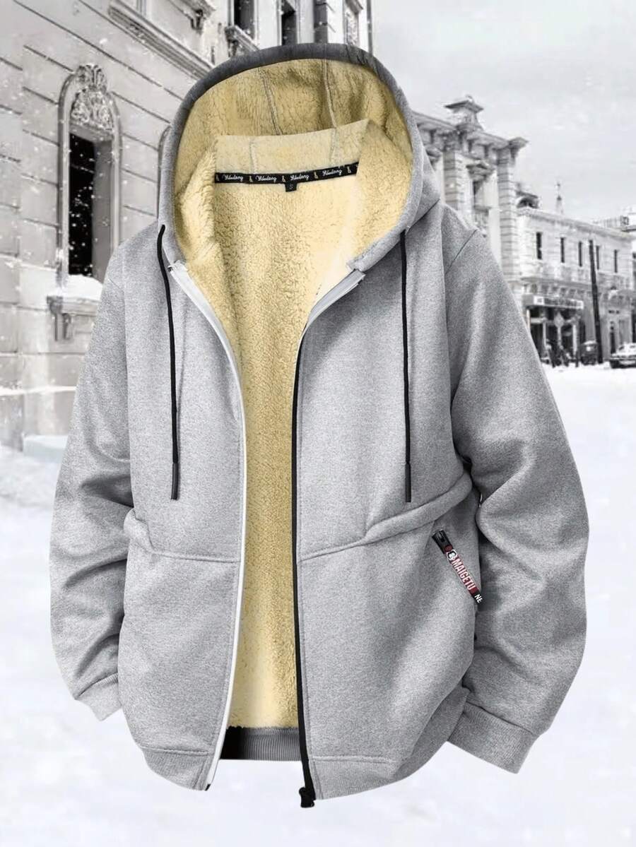 1pc Men's Hooded Sherpa Fleece Sweatshirt, Thick Warm Sweatshirt Jacket, Sports Casual Outdoor Wear, Christmas Gift For Men,Winter - Grey - View 1