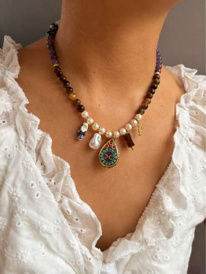 1pc Vintage Luxury High-End Niche Handmade Beaded Stainless Steel Natural Stone Ceramic Pendant Necklace For Women, Versatile Accessory For Autumn/Winter