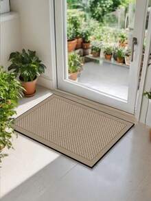 1pc Silicone-Based Kitchen Mat, Beige & Dark Beige Interlocking Woven Texture Pattern, Cushioned Anti-Fatigue Kitchen Rug, Absorbent Mat Suitable For Kitchen, Bathroom, Entryway, Laundry Room