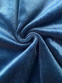 Women's Elegant Blue Loose V-Neck Bowknot Detail Long Sleeve Mid-Length Dress, Velvet Material, Suitable For Party Or Date