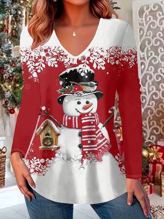 圣诞节宽松 V 领套头印花上衣，全新时尚设计