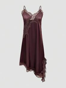 New Elegant Lace Patchwork Spaghetti Strap Dress, Suitable For Evening Date, Holiday, Party, All Seasons Summer - Coffee Brown - View 8