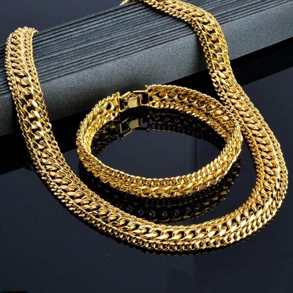 Conjunto de Colar e Pulseira Cubano de Cobre, Conjunto de Pulseira de Corrente Grossa Dourada 18K, Novo Conjunto de Joias Impermeável e da Moda para Mulheres e Meninas