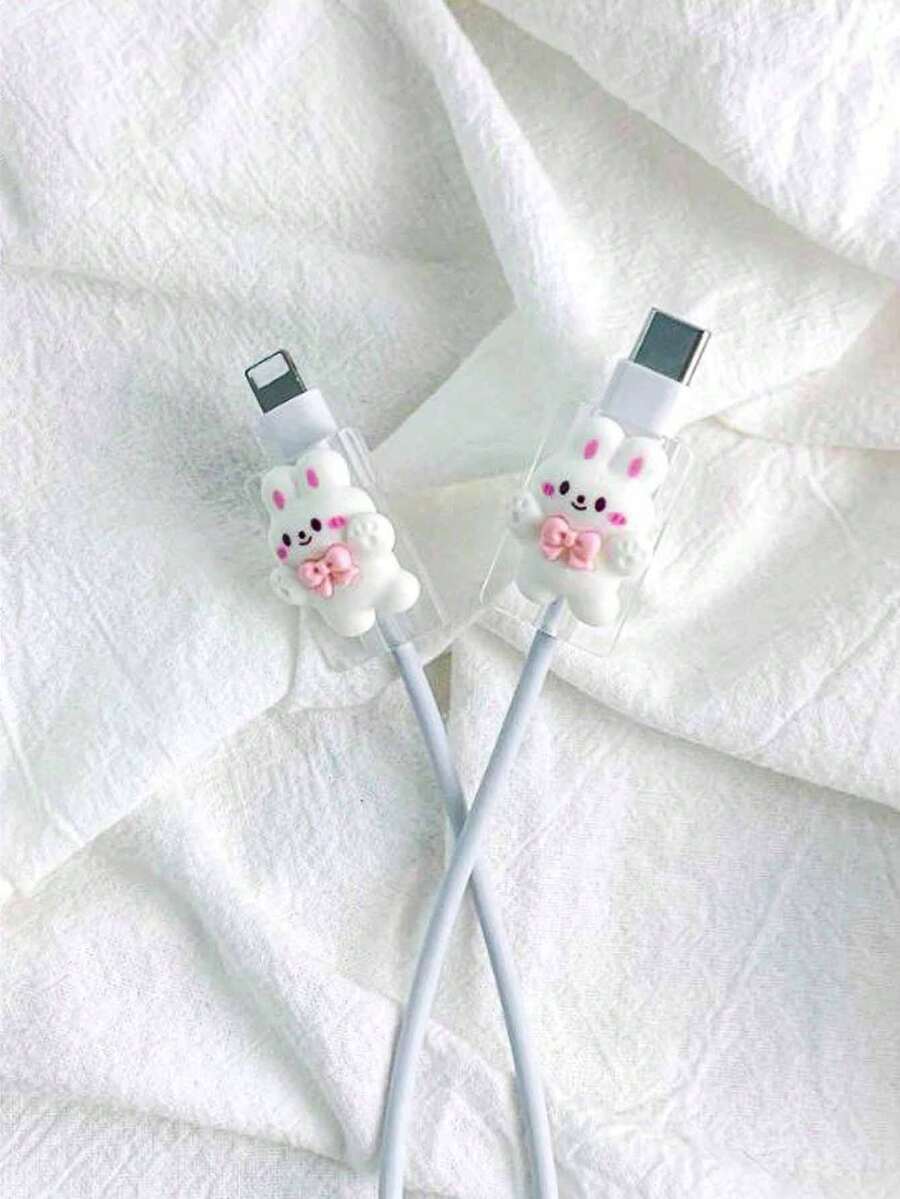 2 pièces Protecteur de câble de données USB de conception de lapin 3D, protecteur de chargeur - Multicolore - Voir 1