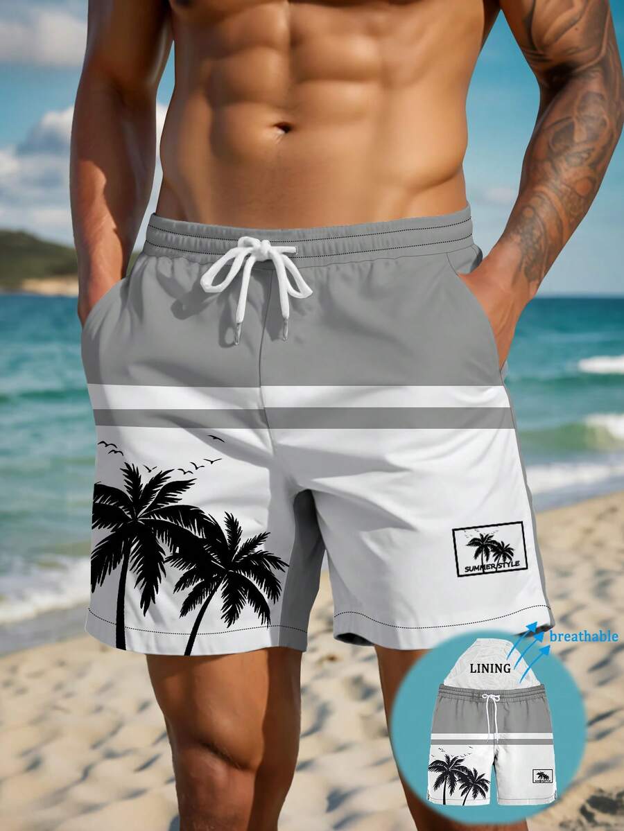 Quần short nam mùa hè in họa tiết, cạp chun, túi xéo, chất liệu Hawaii, nhanh khô, hai lớp lót lưới, họa tiết cây dừa 3D tương phản màu sắc nghệ thuật, quần bơi thời trang thường ngày đi biển. - Xám - Xem 1